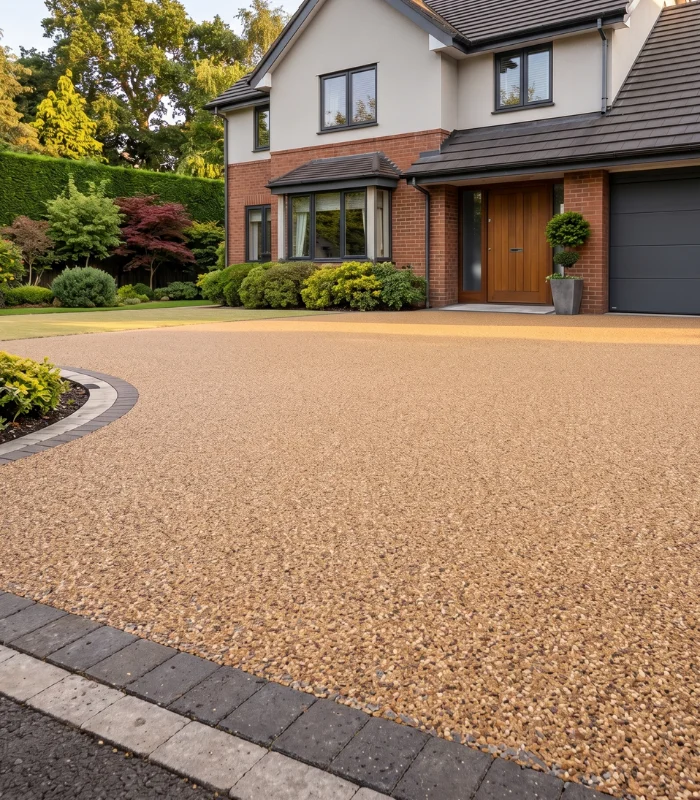 Resin bound decorative walkway through a landscaped garden